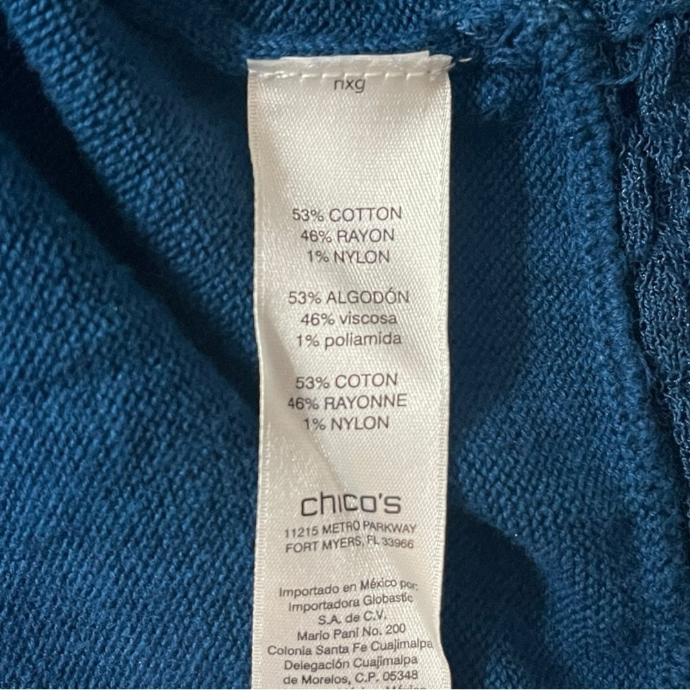 Chico's Long Lined Blue Pleated Open Front Cotton Blend Casual Cardigan Size 1 - Picture 8 of 8